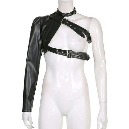 KIMLUD, Women Fashion Punk Style Crop Tops Cool Single Long Sleeve Neck Hanger Leather Belt Connected Tops Streetwear Jackets, KIMLUD Womens Clothes