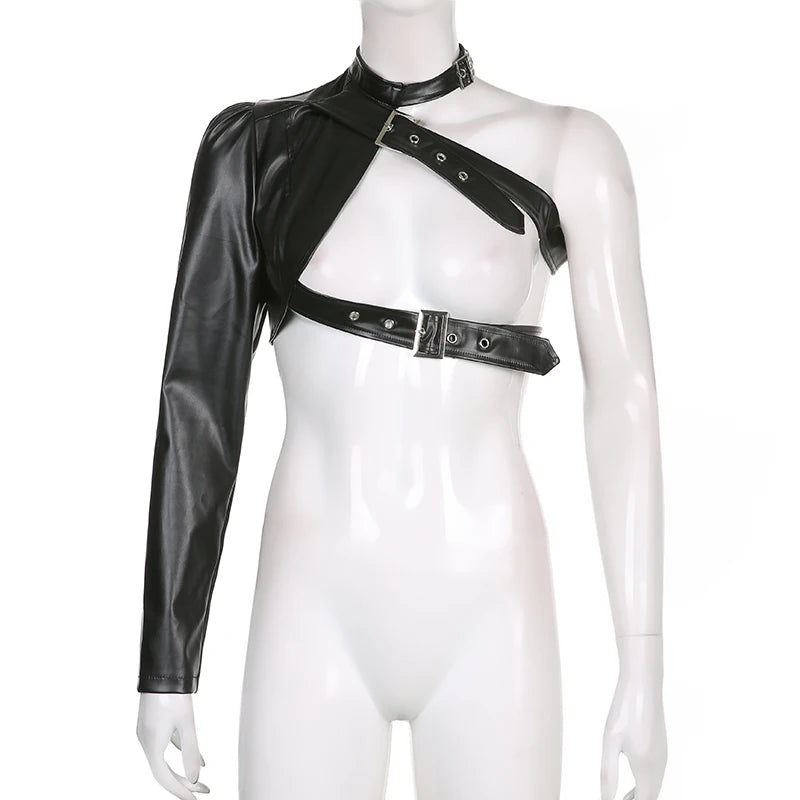 Women Fashion Punk Style Crop Tops Cool Single Long Sleeve Neck Hanger Leather Belt Connected Tops Streetwear Jackets