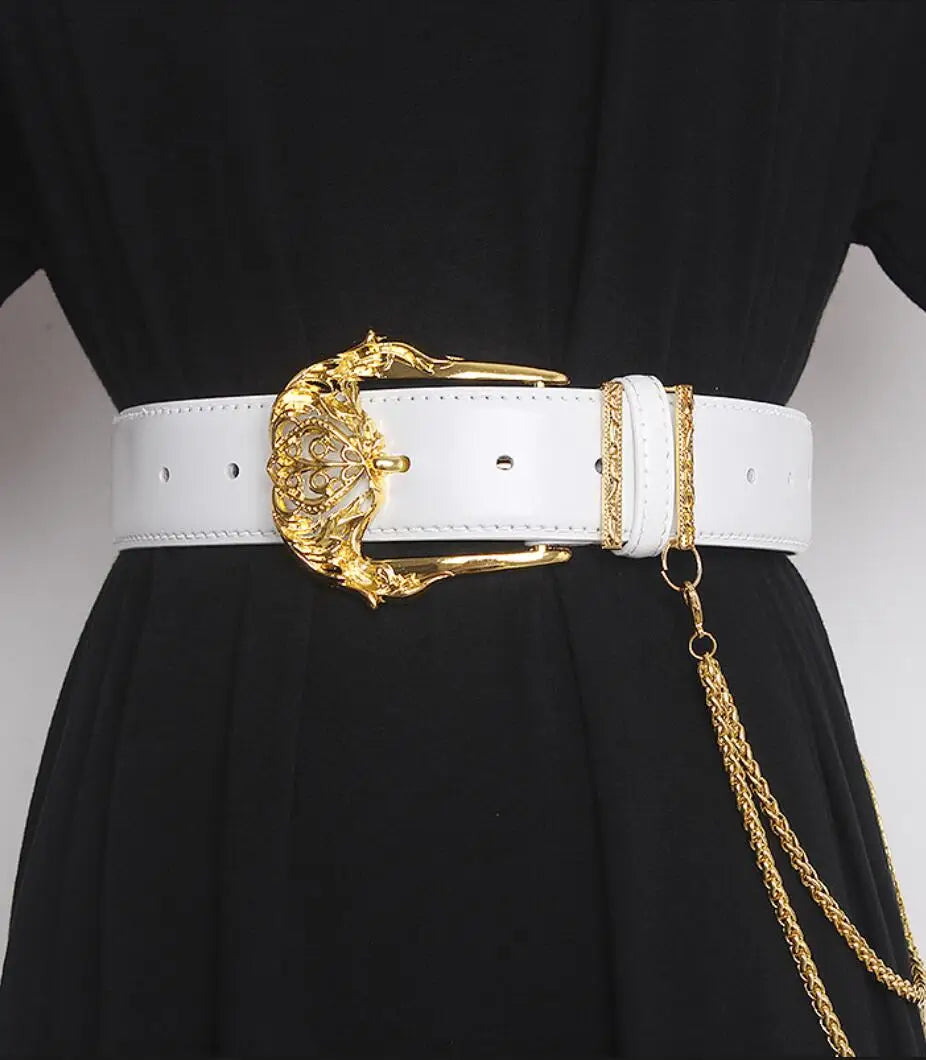 Women's Runway Fashion Gold Buckle Genuine Leather Cummerbunds Female Dress Corsets Waistband Belts Decoration Wide Belt TB1757
