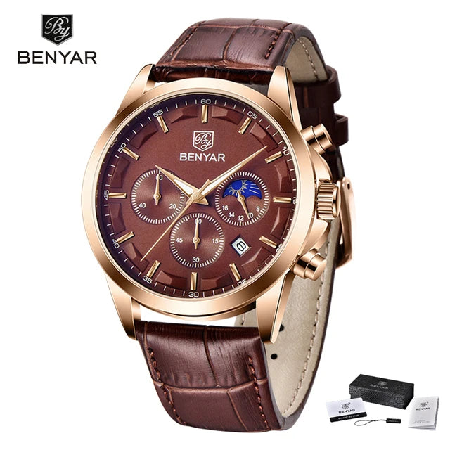 BENYAR 5160 Top Brand Men Quartz Wristwatches Fashion Sport Chronograph Watch Leather Waterproof  Watch Men Reloj Hombre