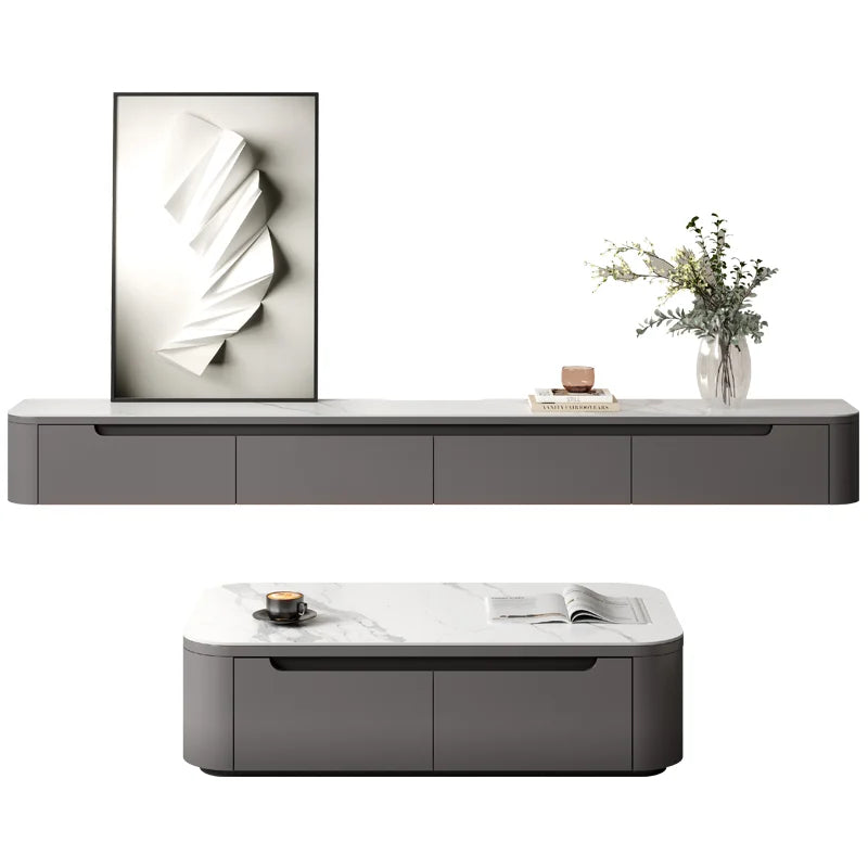 Marble-Wood TV Cabinet Console With Coffee Table — White Marble | KIMLUD