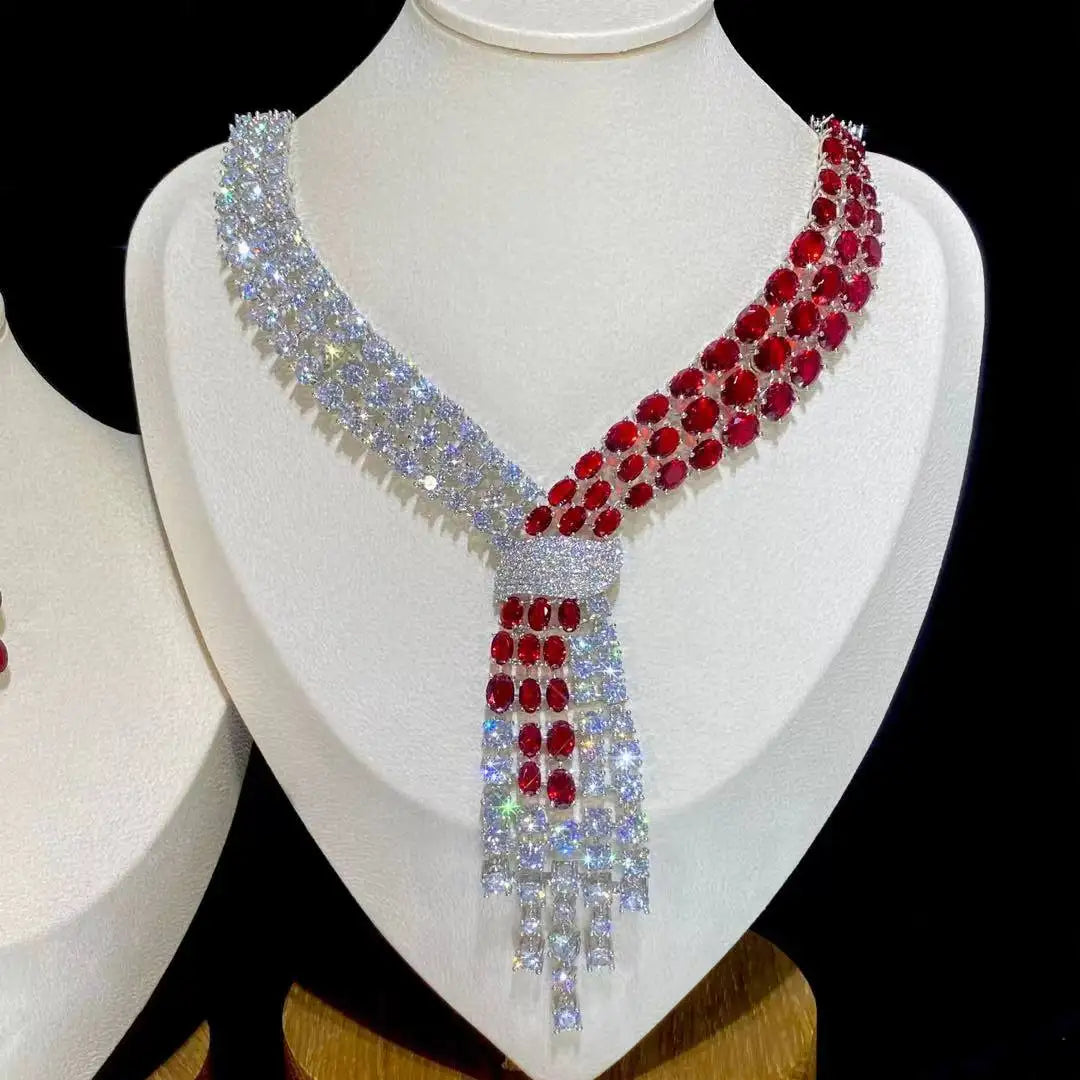 ASNORA - Luxury Blue 2 Piece Tassel Necklace Cubic Zircon Jewelry Set Women Wedding European Party Jewelry Set X0140