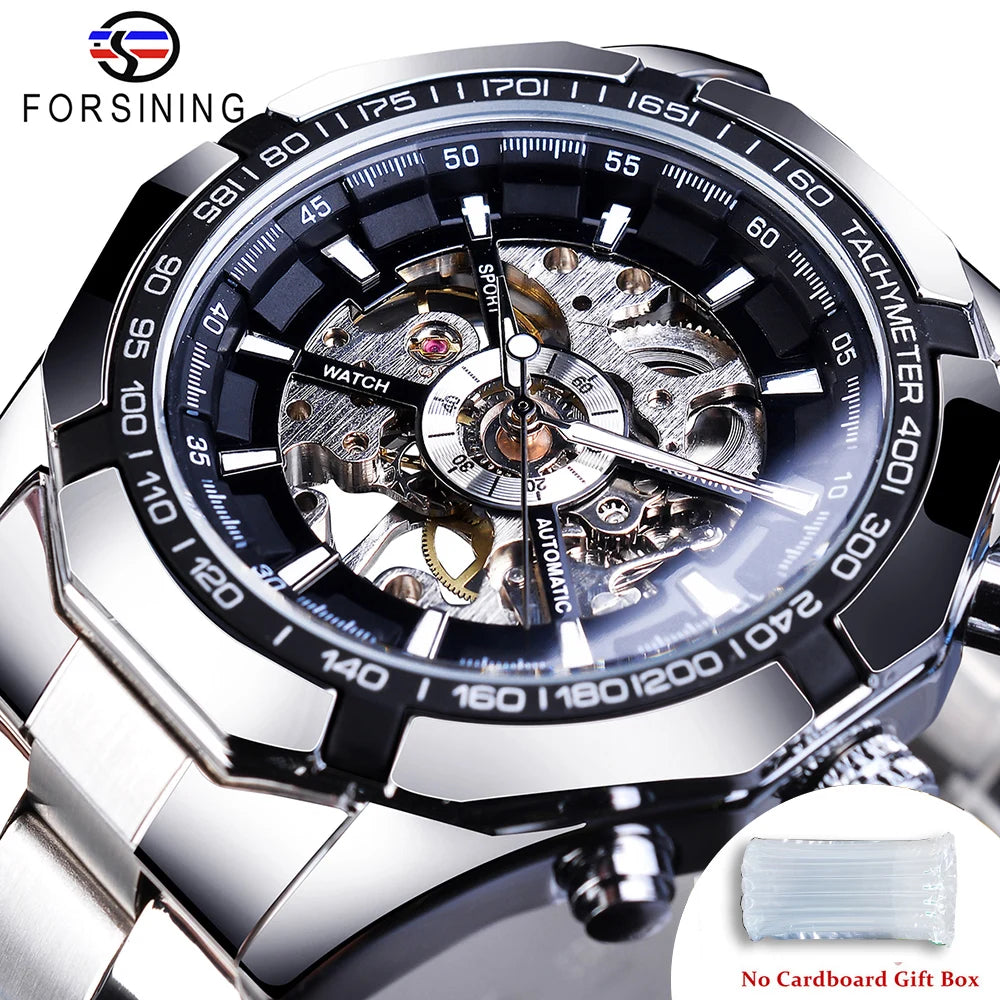 Forsining 2025 Stainless Steel Waterproof Mens Skeleton Watches Top Brand Luxury Transparent Mechanical Sport Male Wrist Watches
