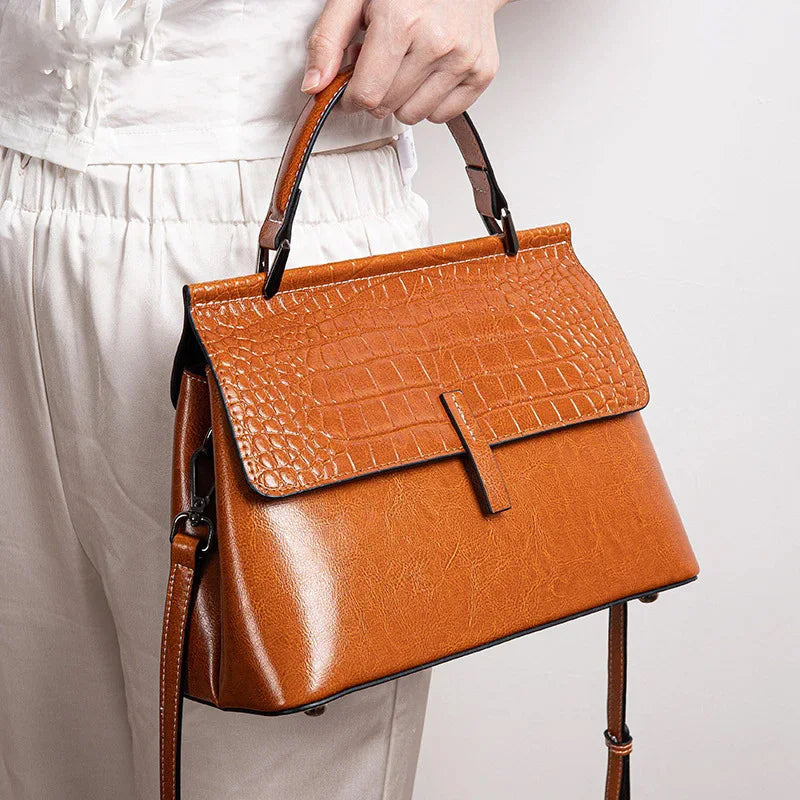 Genuine Leather Handbag Crocodile Print Double Shoulder Straps — Cognac | KIMLUD