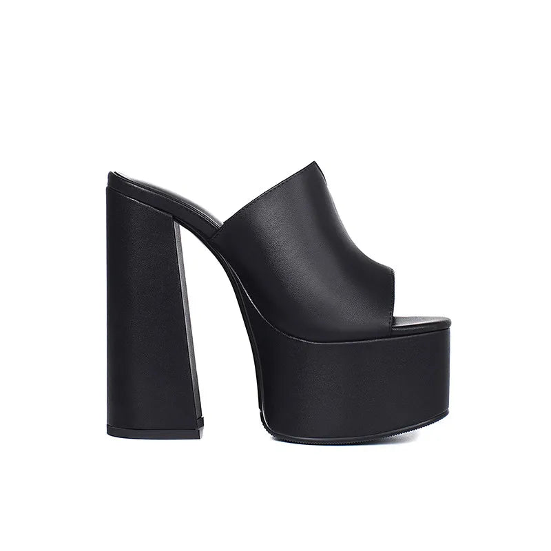 Genuine Leather Sandals Platform 8cm Heel — Black | KIMLUD