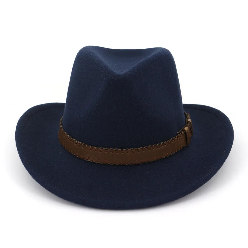 Wool Felt Cowboy Fedora Hat Wide Brim Leather Band — Dark Brown | KIMLUD