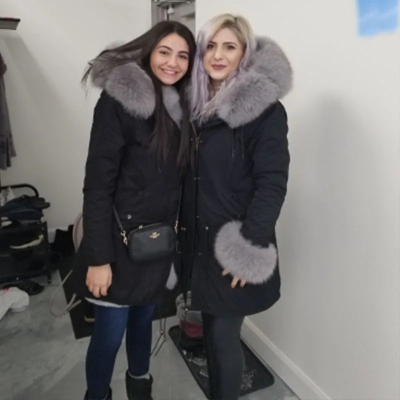 MAOMAOKONG 2024 Winter Women Coat Natural Fox Fur Collar Cuff Black Jackets Outwear Thick Luxury Real Fur Parka Women's Fur Coat