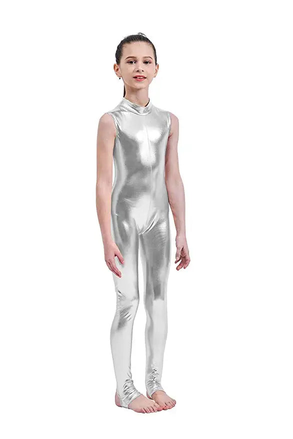 Kids Dance Unitard – Mock Neck – Shiny Metallic Fabric – Metallic | KIMLUD