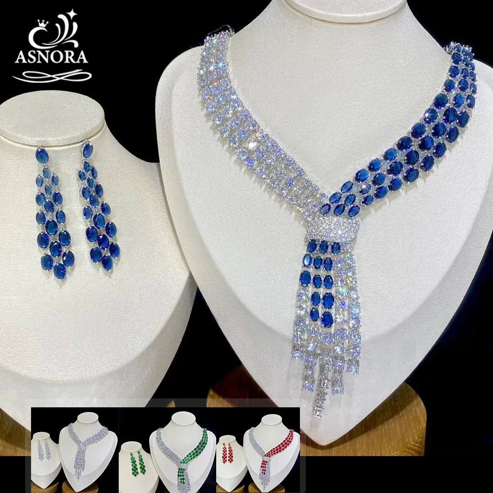 ASNORA - Luxury Blue 2 Piece Tassel Necklace Cubic Zircon Jewelry Set Women Wedding European Party Jewelry Set X0140