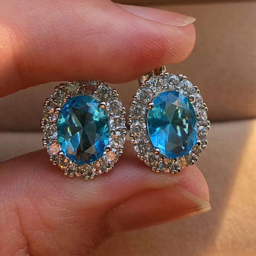 Brilliant Oval Cubic Zircon Stud Earrings — Midnight Blue | KIMLUD