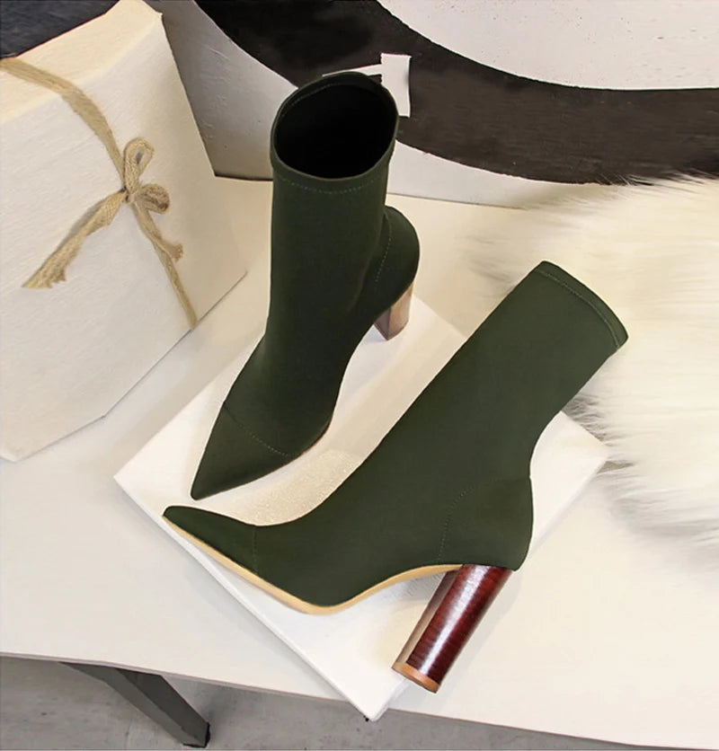 Ankle Boots – Stretch Sock Boot – 8cm Square Heel – Women | KIMLUD