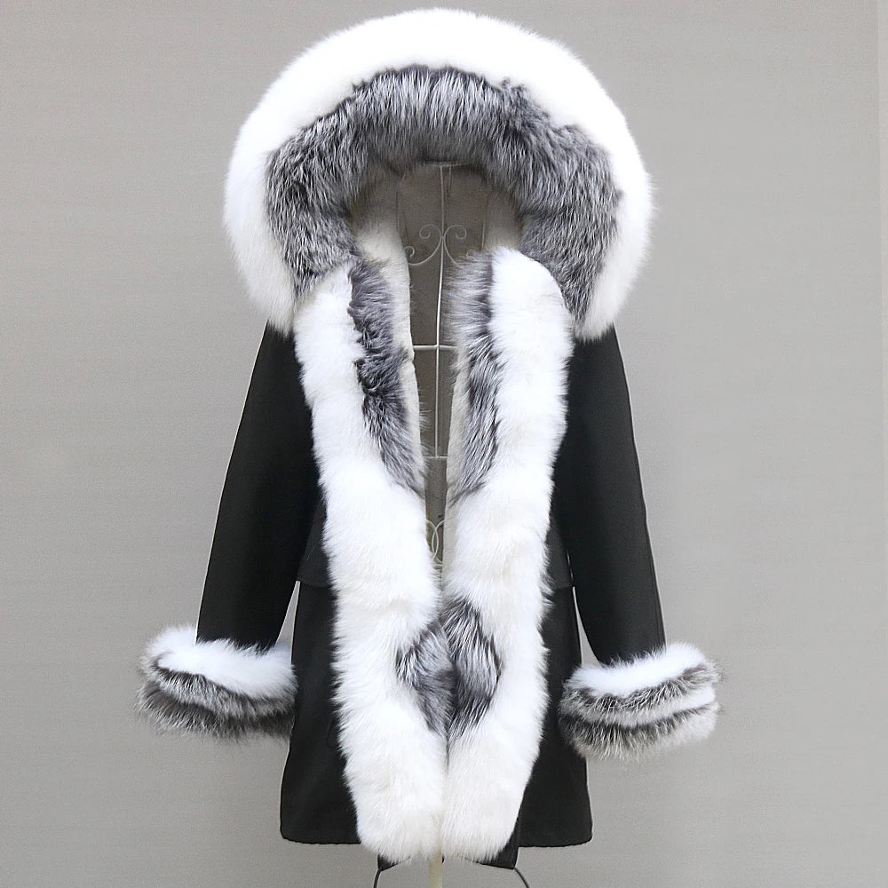 2024 Winter Jacket Women Natural Raccoon Fur Collar  Real Fur Coat Color matching Hood Cuffs Thick Warm Outerwear New Long Parka