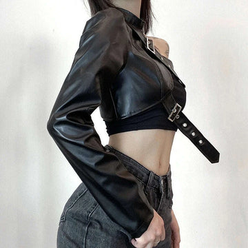 KIMLUD, Women Fashion Punk Style Crop Tops Cool Single Long Sleeve Neck Hanger Leather Belt Connected Tops Streetwear Jackets, KIMLUD Womens Clothes