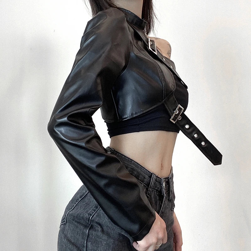 Women Fashion Punk Style Crop Tops Cool Single Long Sleeve Neck Hanger Leather Belt Connected Tops Streetwear Jackets