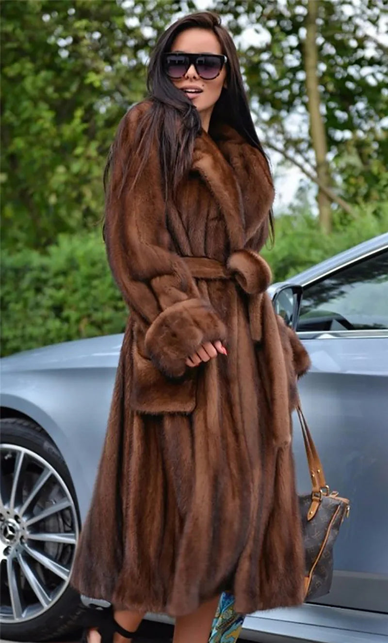 Natural Real Mink Fur Coat for Women High Quality Genuine Long Jacket with Lapel Collar Pelt Women's Outerwear
