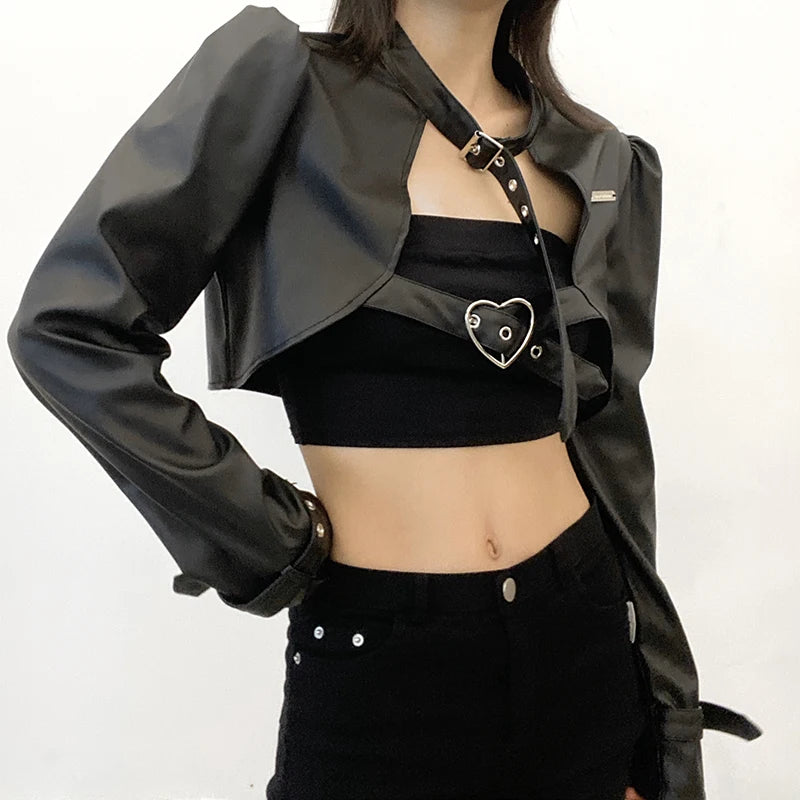 Rockmore PU Leather Jacket Women Punk Style Streetwear Black Metal Buckle Coats Gothic Overcoat Crop Top Hippie Outfits Techwear