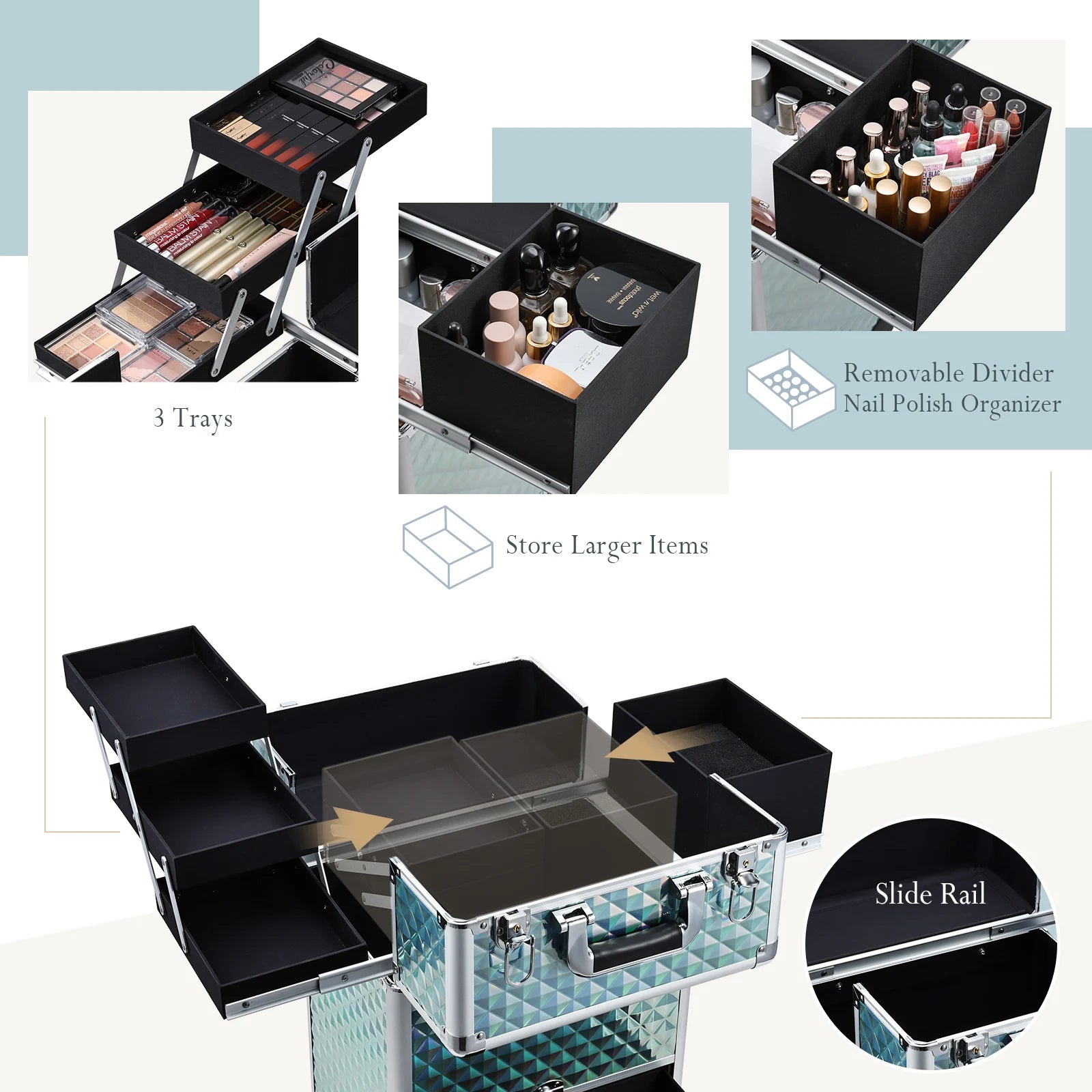 2025 Portable Makeup Case with Large Capacity Drawer Open Closure Train Case Trolley Organizer for Beauty Professionals