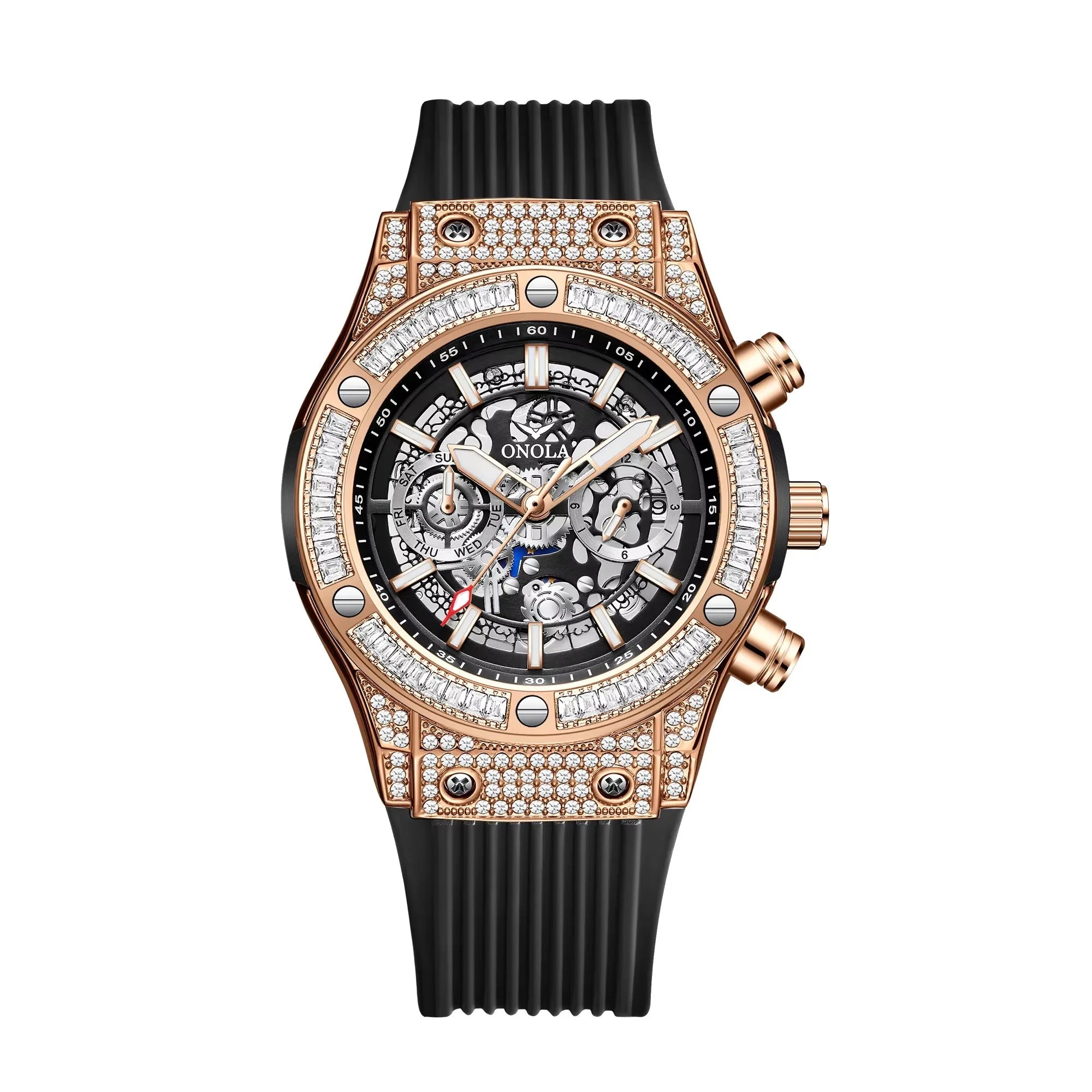 Diamond Dial Silicone Strap Automatic Watch — Black | KIMLUD