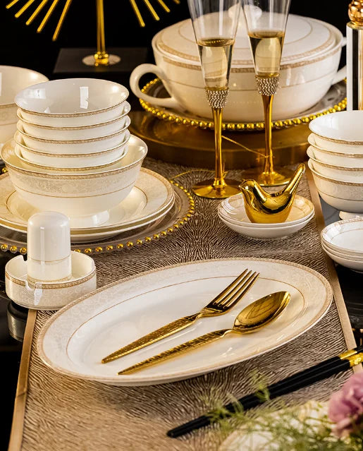 Bone China Tableware Set 60-Piece With Gold Hand-Painting — White | KIMLUD
