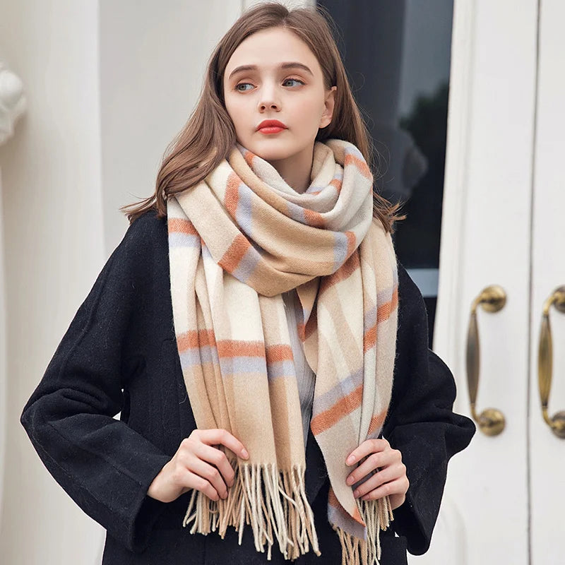 Lambswool Scarf Checkered Camel Plaid — Camel | KIMLUD