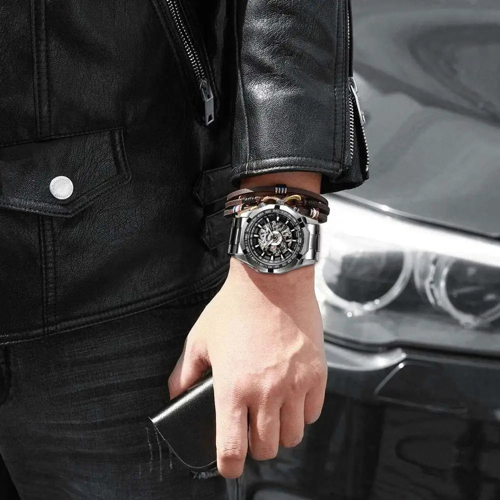 Forsining 2025 Stainless Steel Waterproof Mens Skeleton Watches Top Brand Luxury Transparent Mechanical Sport Male Wrist Watches