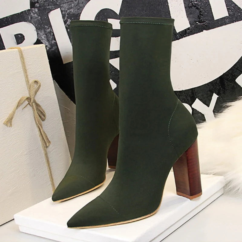 Ankle Boots – Stretch Sock Boot – 8cm Square Heel – Women | KIMLUD