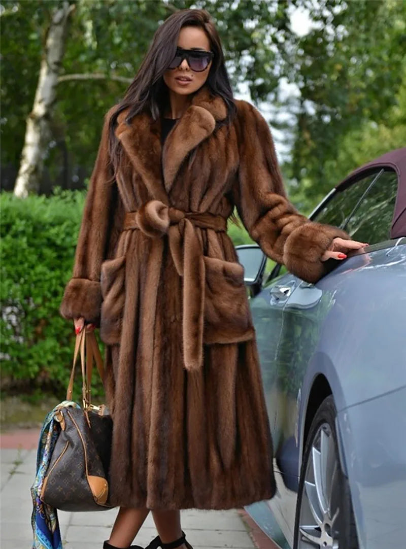 Natural Real Mink Fur Coat for Women High Quality Genuine Long Jacket with Lapel Collar Pelt Women's Outerwear
