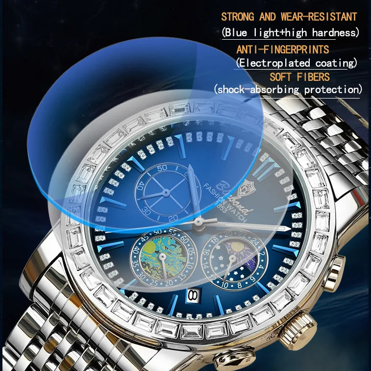 Stainless Steel Moon Phase Dial Watch — Silver | KIMLUD