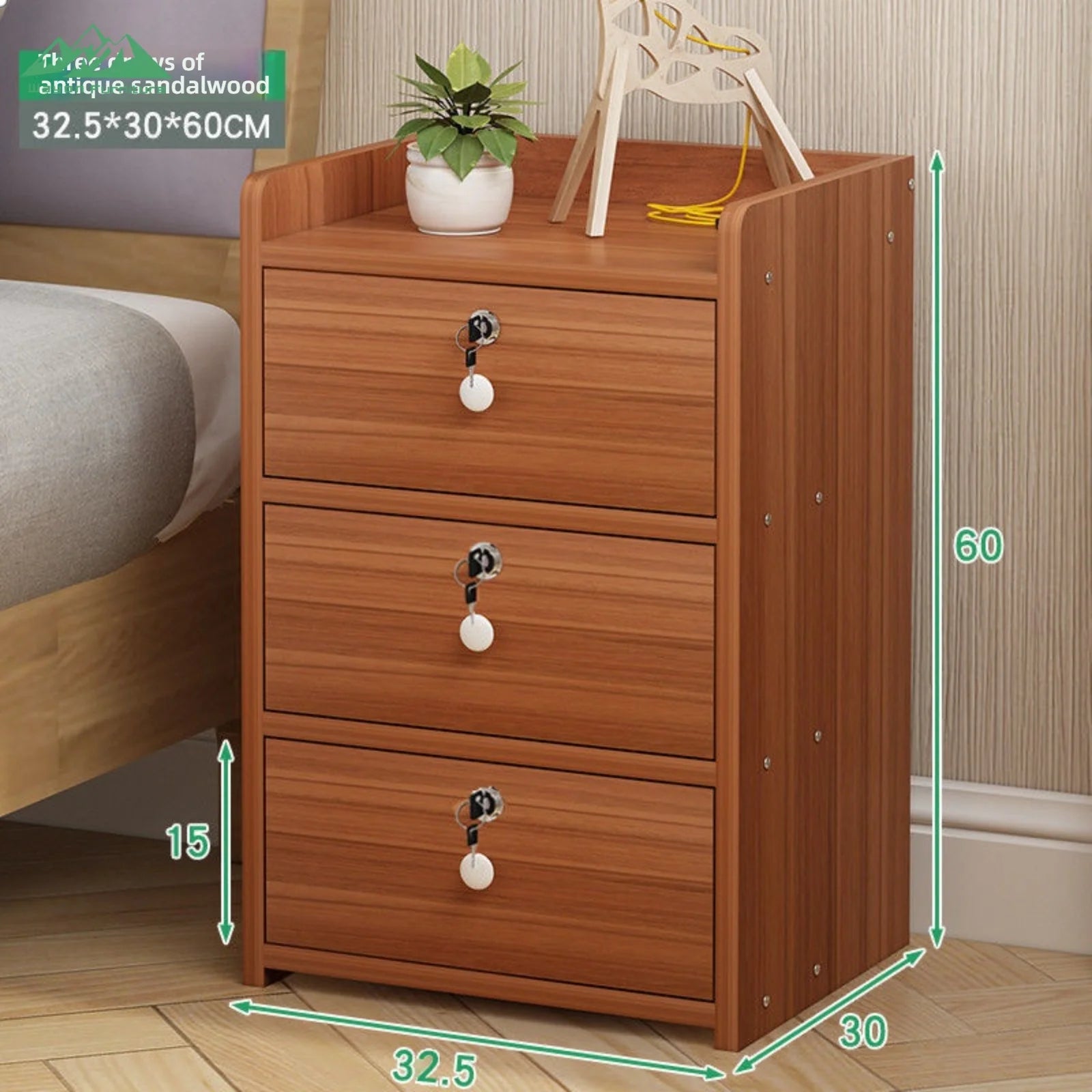 Solid Wood Bedside Cabinet With Lockable Drawers — Natural Light Wood | KIMLUD