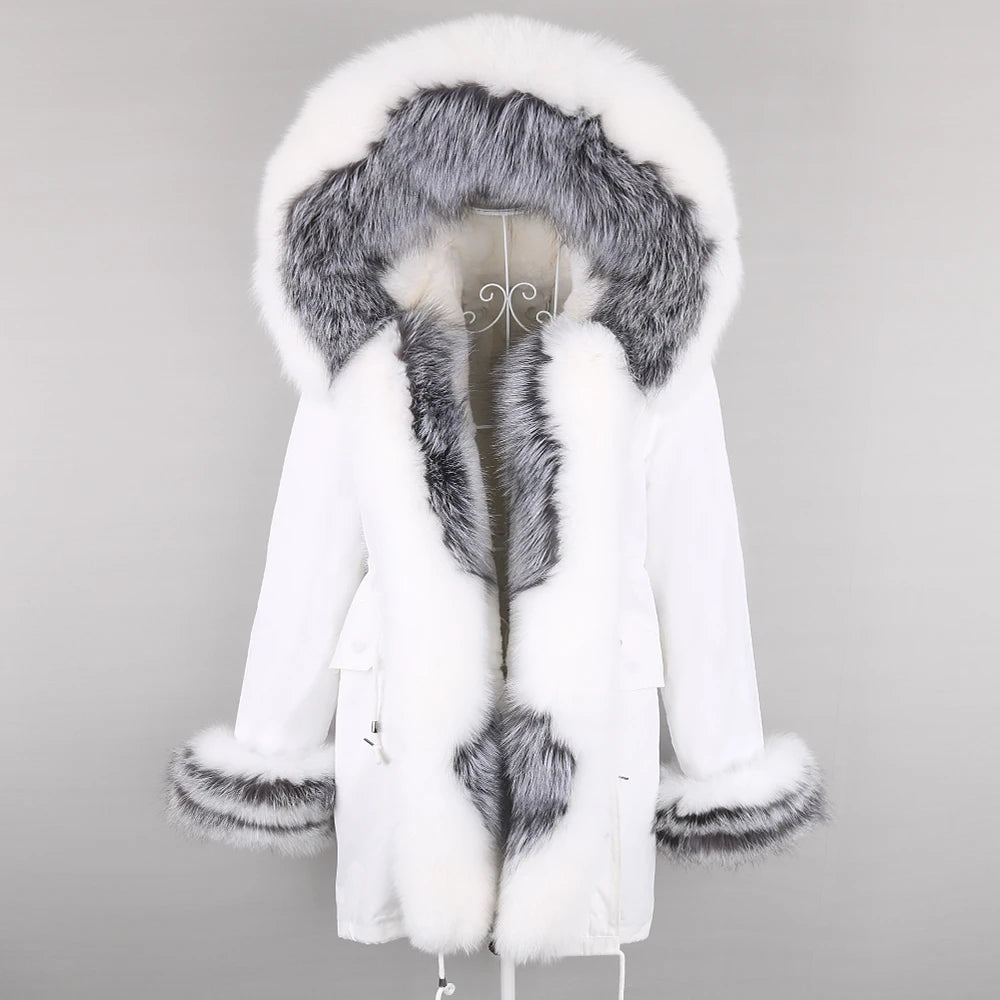 2024 Winter Jacket Women Natural Raccoon Fur Collar  Real Fur Coat Color matching Hood Cuffs Thick Warm Outerwear New Long Parka