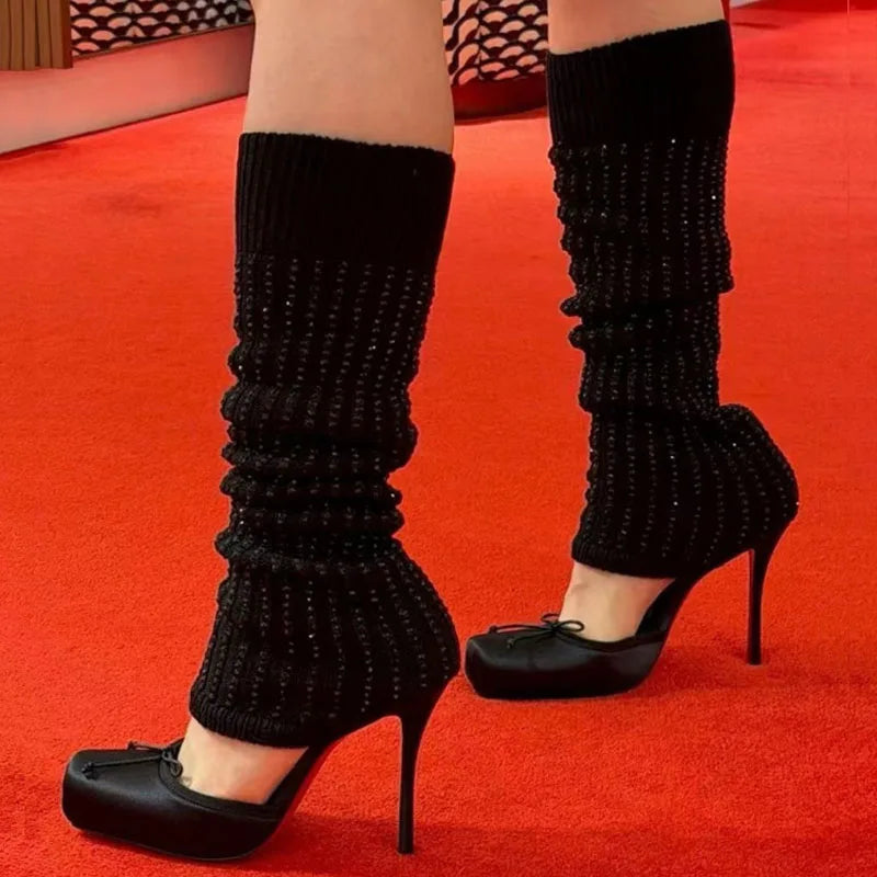 Diamond-Knit Upper Knee-High Boots With Bow — Black | KIMLUD