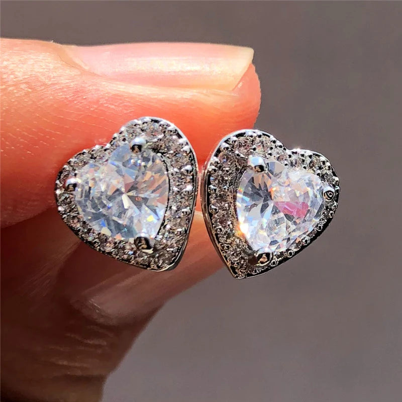 Cubic Zirconia Stud Earrings Heart Design — Assorted Colors | KIMLUD