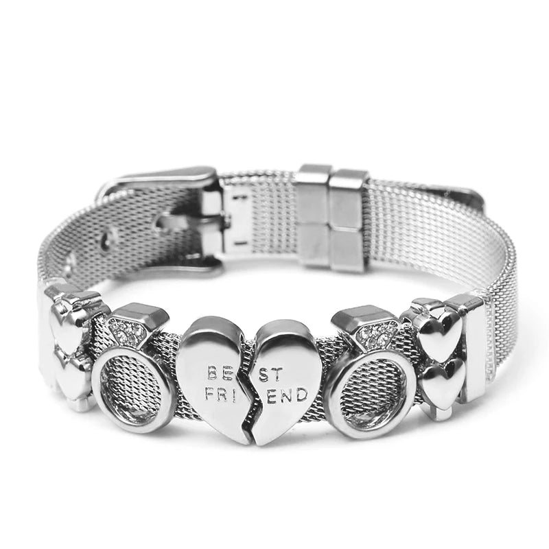 DINGLLY Two-tone Stainless Steel Mesh Bracelets For Women Men Love Heart Beaded 10mm Ribbon Mesh Bracelet & Bangle Gifts