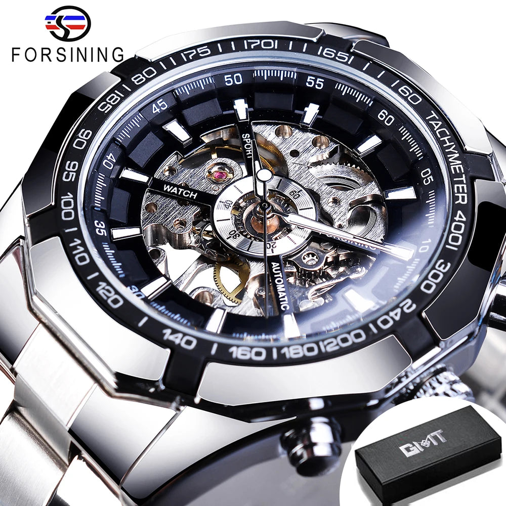 Forsining 2025 Stainless Steel Waterproof Mens Skeleton Watches Top Brand Luxury Transparent Mechanical Sport Male Wrist Watches