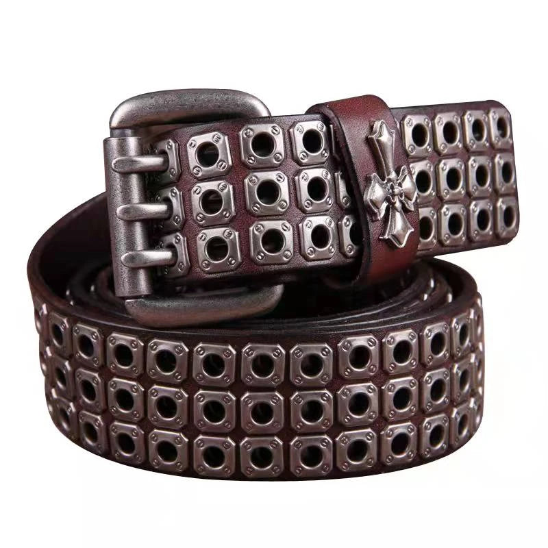 Studded Leather Belt Heavy Metal Style — Dark Brown | KIMLUD