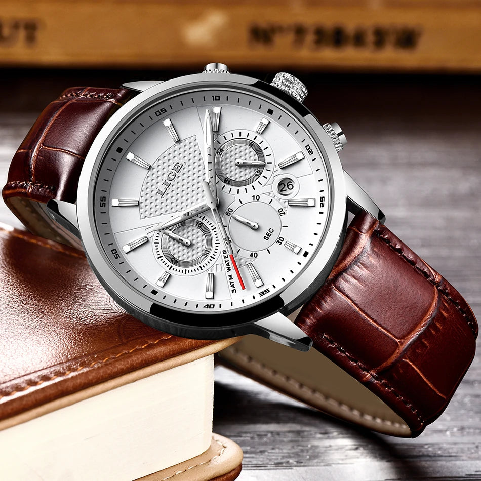 2025 New Mens Watches LIGE Top Brand Leather Chronograph Waterproof Sport Automatic Date Quartz Watch For Men Relogio Masculino