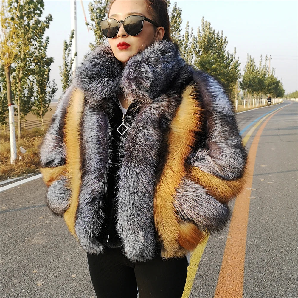 KIMLUD, Real Fox Fur Jacket Women Luxury Genuine Silver Fox Short Coat Full Sleeves Winter Natural Plush Red Fox Fur Coat Female, KIMLUD Womens Clothes