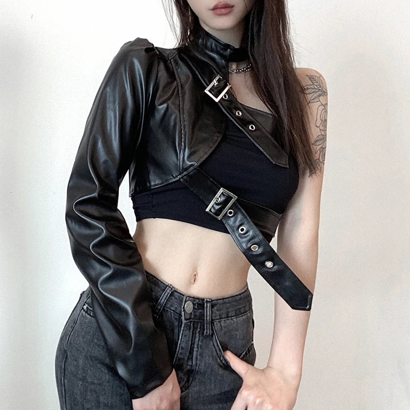 Women Fashion Punk Style Crop Tops Cool Single Long Sleeve Neck Hanger Leather Belt Connected Tops Streetwear Jackets