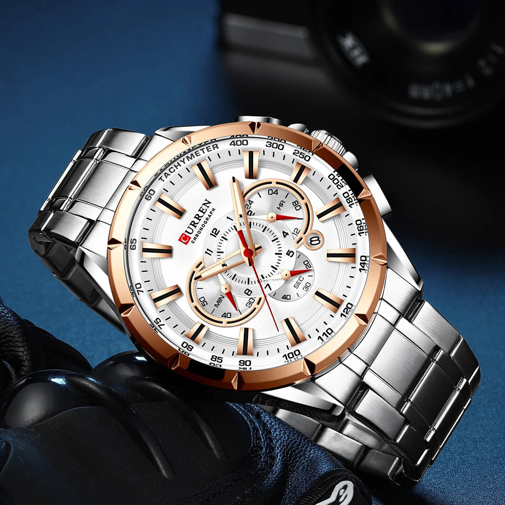 CURREN Sport Watches Men‘s Luxury Brand Quartz Clock Stainless Steel Chronograph Big Dial Wristwatch with Date Relogio Masculino