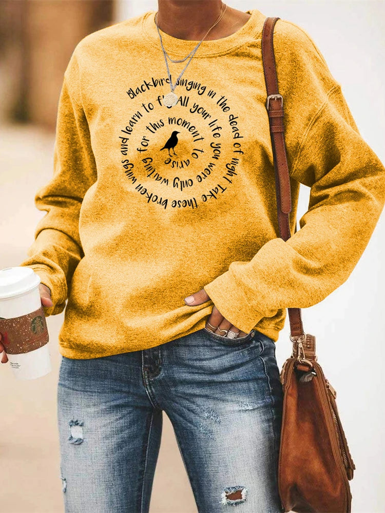Women Crewneck Sweatshirt - Letter Print - Cotton Polyester - Black | KIMLUD