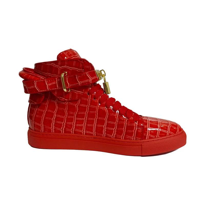 High Top Sneakers – Gold Buckle – Crocodile Pattern Leather | KIMLUD