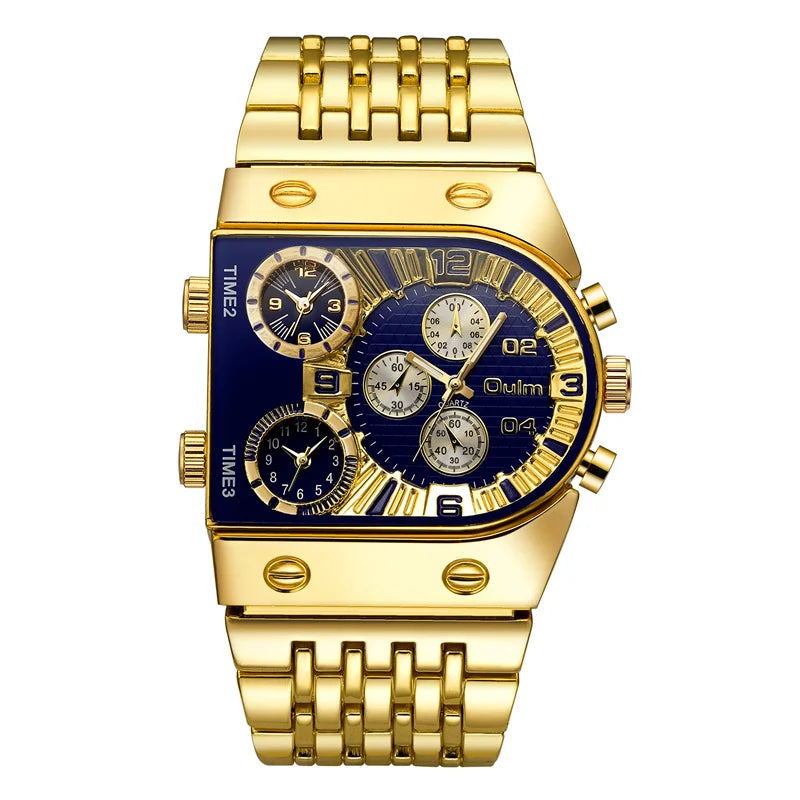2024 New Oulm Quartz Watches Men Military Wristwatch Luxury Brand Golden Stainless Steel Male Watch Big Relogio Masculino