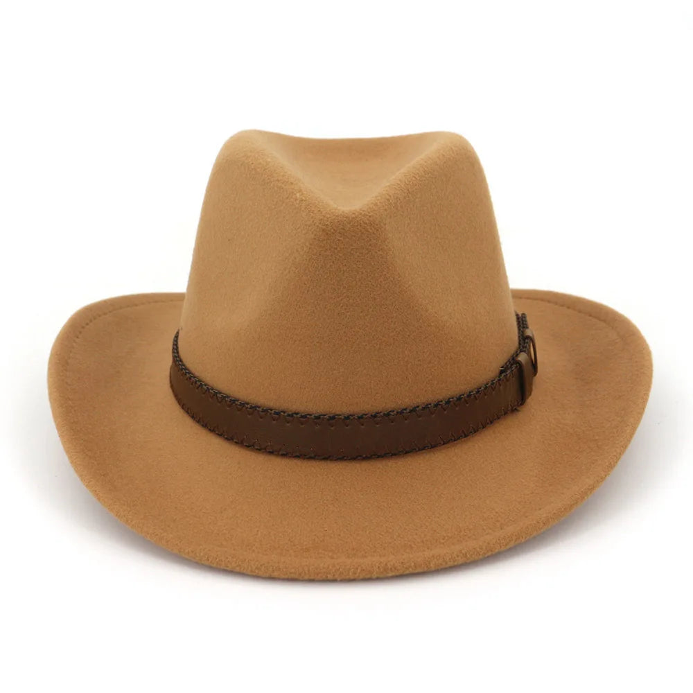 Wool Felt Cowboy Fedora Hat Wide Brim Leather Band — Dark Brown | KIMLUD