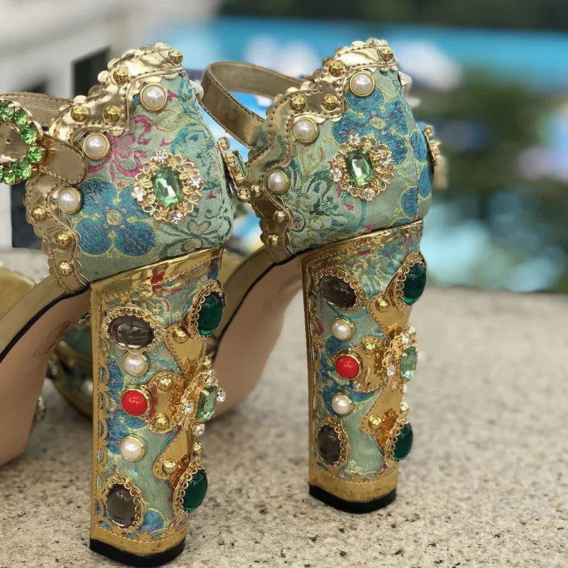 Gladiator Crystal-Embroidered Platform Sandals — Gold | KIMLUD