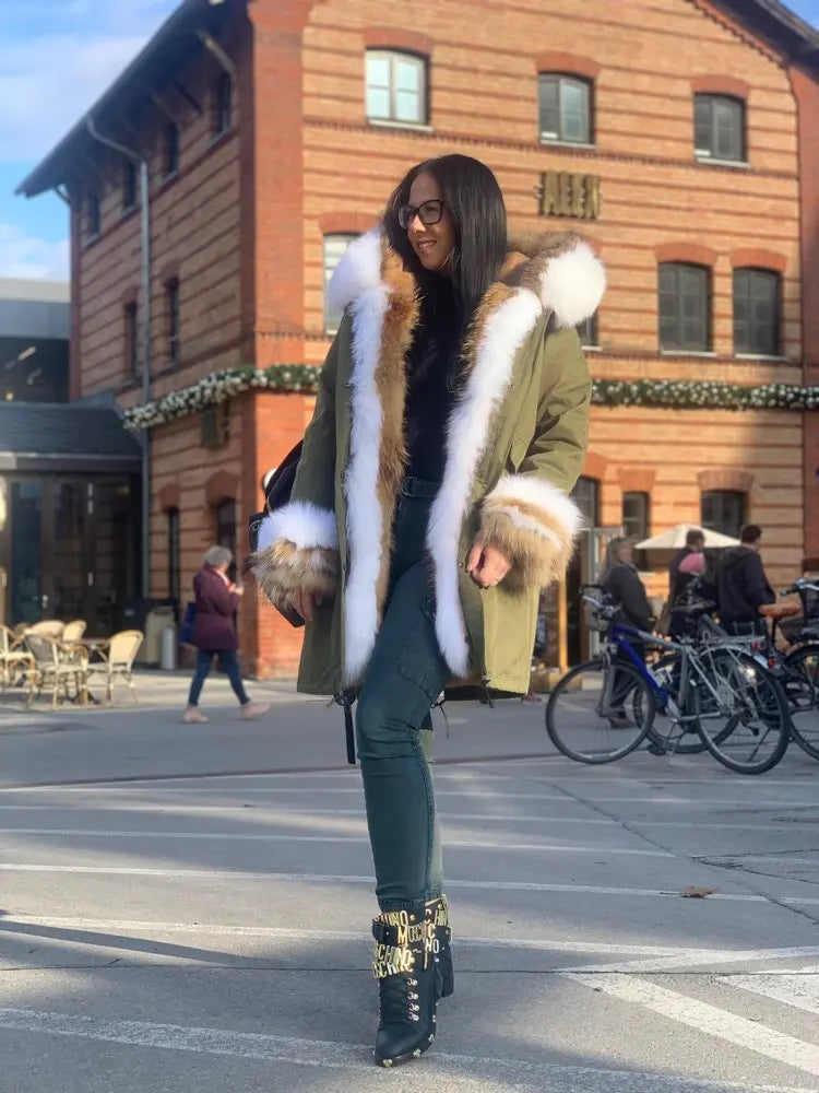 2024 Winter Jacket Women Natural Raccoon Fur Collar  Real Fur Coat Color matching Hood Cuffs Thick Warm Outerwear New Long Parka
