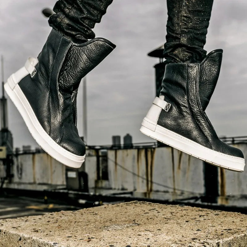 Men High-Top Casual Shoes Designer Slip-On Genuine Leather Platform Boots Winter Black Sneakers Personality Safety Work Boots