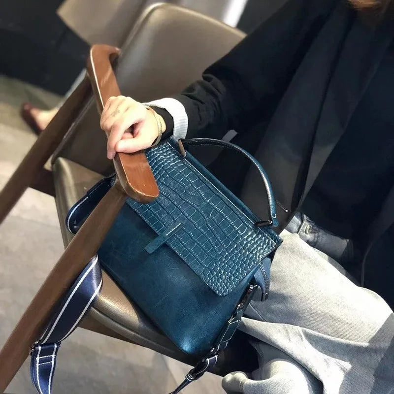 Genuine Leather Handbag Crocodile Print Double Shoulder Straps — Cognac | KIMLUD