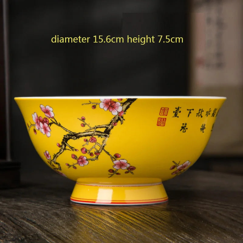 Jingdezhen Fine Bone China Bowl Enamelled With Retro Flower Bird Pattern — Yellow | KIMLUD