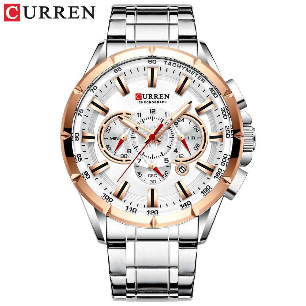 CURREN New Casual Sport Chronograph Men's Watches Stainless Steel Band Wristwatch Big Dial Quartz Clock with Luminous Pointers