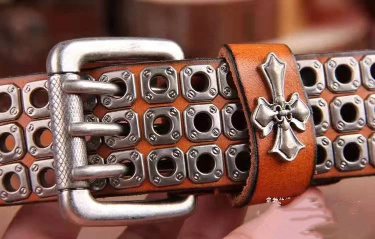 Studded Leather Belt Heavy Metal Style — Dark Brown | KIMLUD